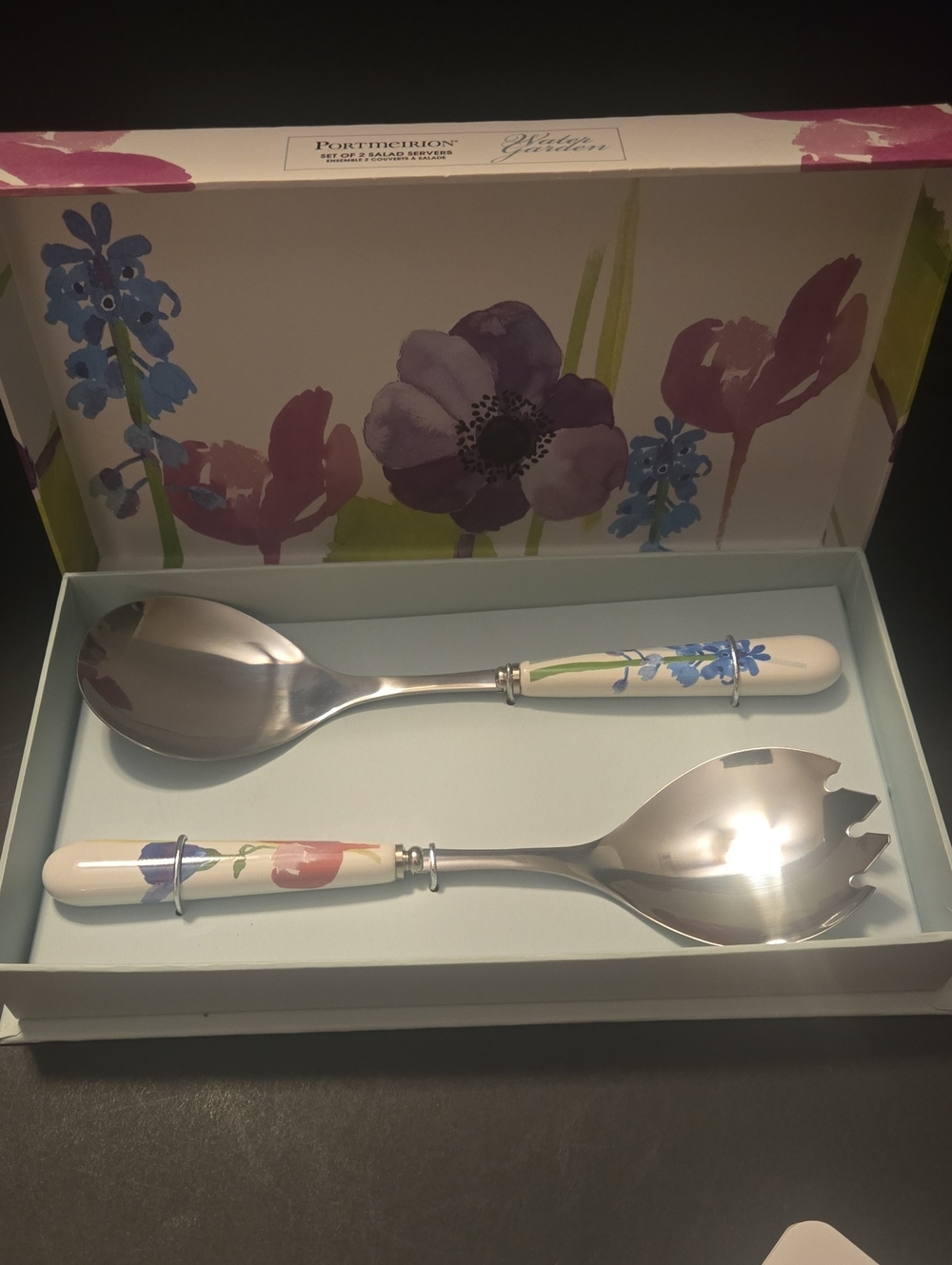 Portmeirion Blue Floral Ceramic Handle Serving Salad Servers. NWOT
